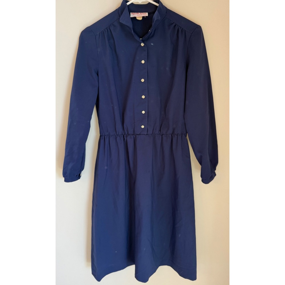 Route One Dress M Petite Navy Blue Vintage Long Sleeve Elastic Waist Secretary
